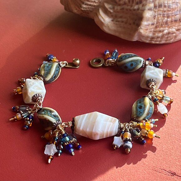 Boho Dangle Bracelet, Banded Agate Gemstone, Ceramic Beads, Wire Wrapped Dangles - Picture 7 of 15